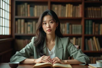 Femme asiatique réfléchissant à sa voie professionnelle en lisant un livre de proverbes chinois dans une bibliothèque