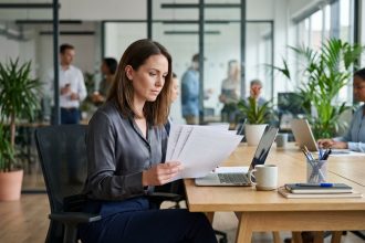 Femme d affaires dans un bureau moderne en train de revoir des documents
