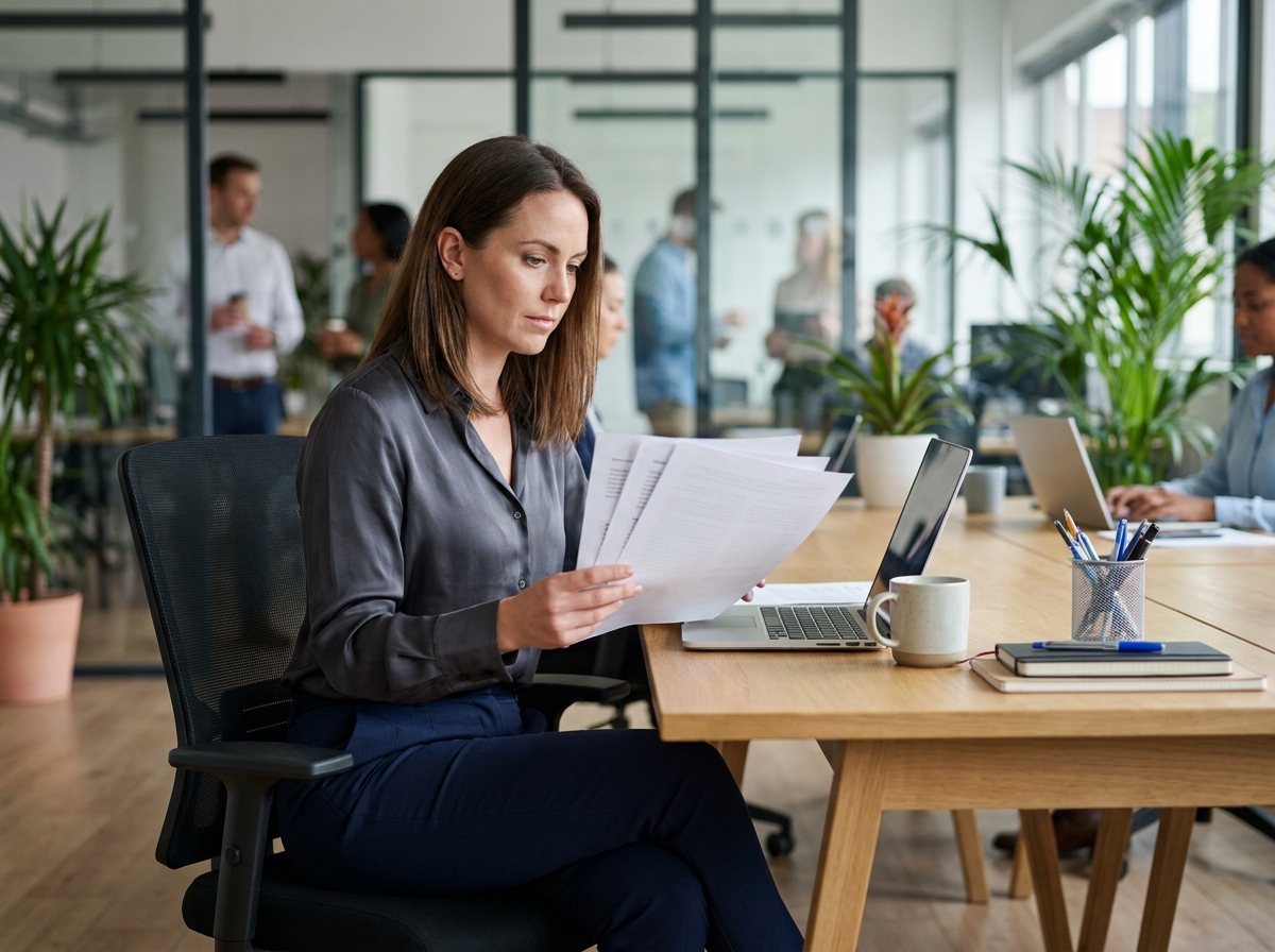 Femme d affaires dans un bureau moderne en train de revoir des documents