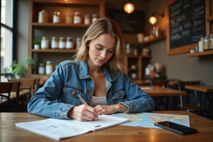 Jeune femme dans un café lisant une carte de voyage