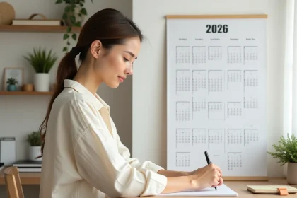Femme écrivant sur un calendrier mural imprimé 2026 dans un bureau minimaliste scandinave pour une organisation zen