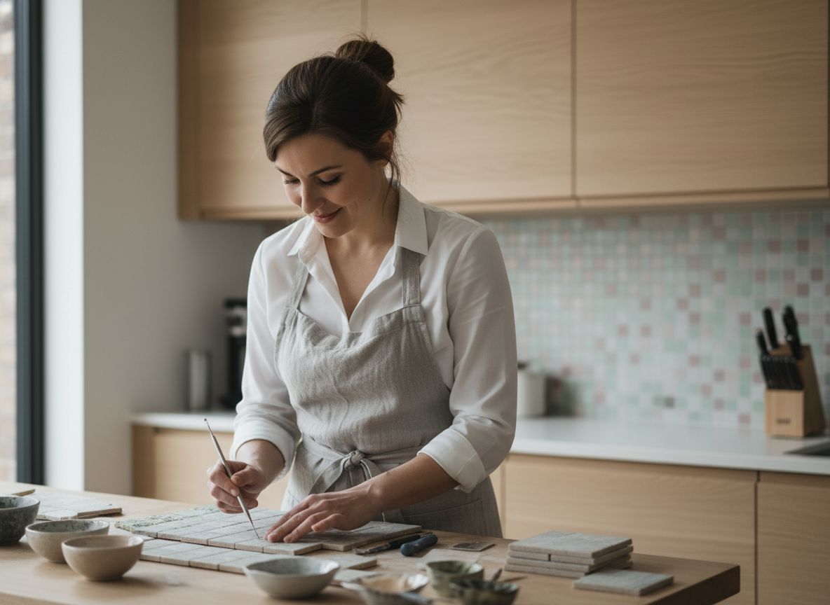 Jeune femme appliquant une finition sur des carreaux de céramique