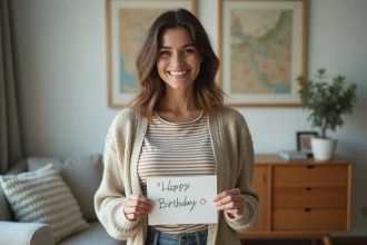 Femme souriante tenant une carte d'anniversaire dans un salon moderne