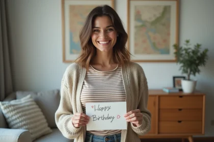 Femme souriante tenant une carte d'anniversaire dans un salon moderne