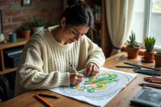 Femme adulte coloriant un mandala Dragon Ball avec des crayons de couleur sur un bureau en bois