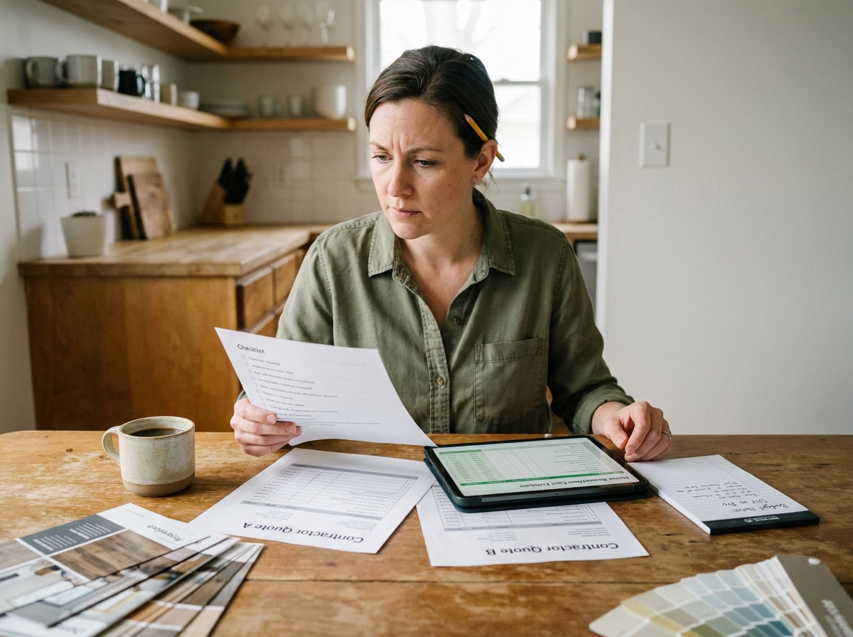 Femme qui compare des devis de rénovation et évalue les coûts entre faire soi-même et faire appel à des professionnels