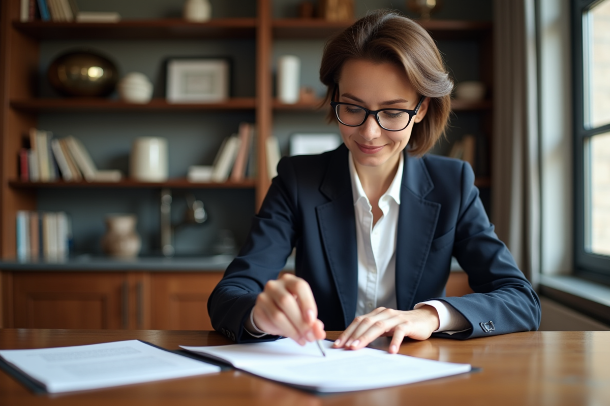 Femme d'affaires relisant un contrat de location dans un appartement