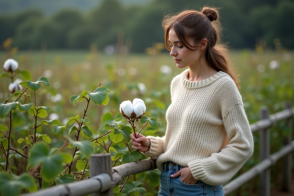 Jeune femme inspectant des plants de coton bio en extérieur