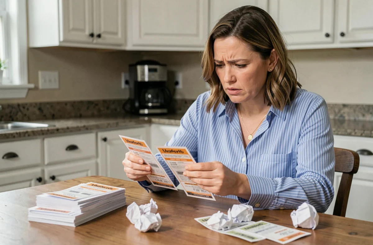 Femme frustrée comparant des coupons de réduction imprimés à table dans une cuisine domestique