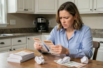 Femme frustrée comparant des coupons de réduction imprimés à table dans une cuisine domestique