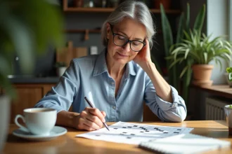 Femme d'âge moyen étudiant un mot croisé français à la maison