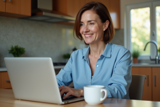 Femme d'âge moyen utilisant un ordinateur portable dans une cuisine lumineuse