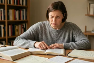 Femme consultant des dictionnaires français ouverts sur un bureau en bois, cherchant la définition correcte d'un mot
