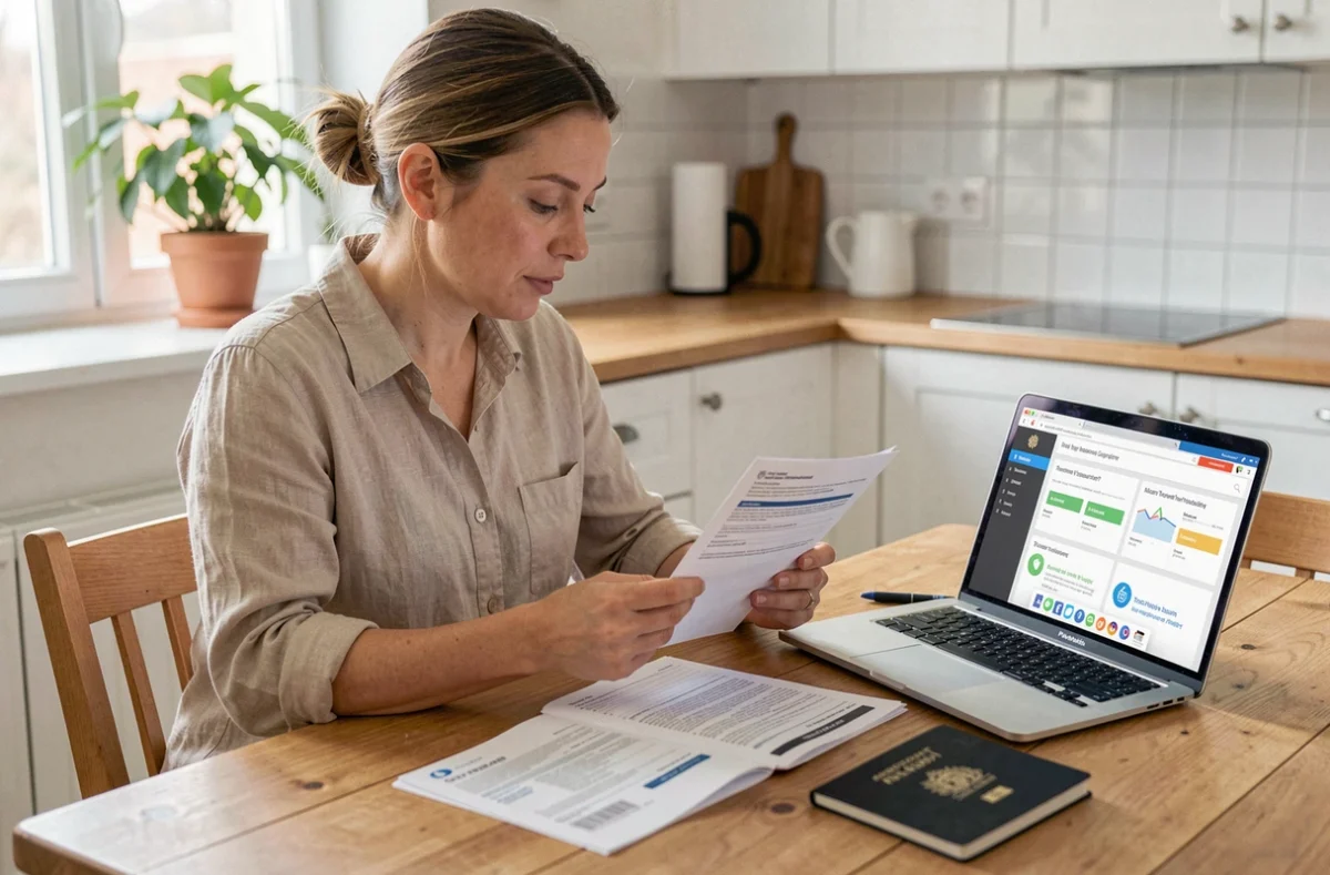 Femme consultant des documents d'assurance voyage sur une table en bois avec passeport et ordinateur portable