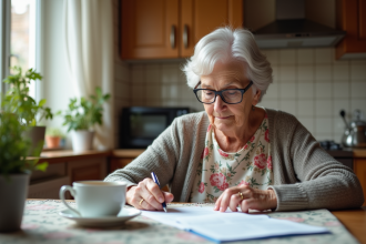 Femme âgée lisant des documents dans sa cuisine chaleureuse