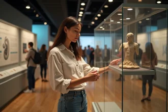Femme curieuse examinant un artefact magique en exposition
