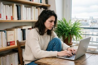 Jeune femme française travaillant à son bureau à domicile