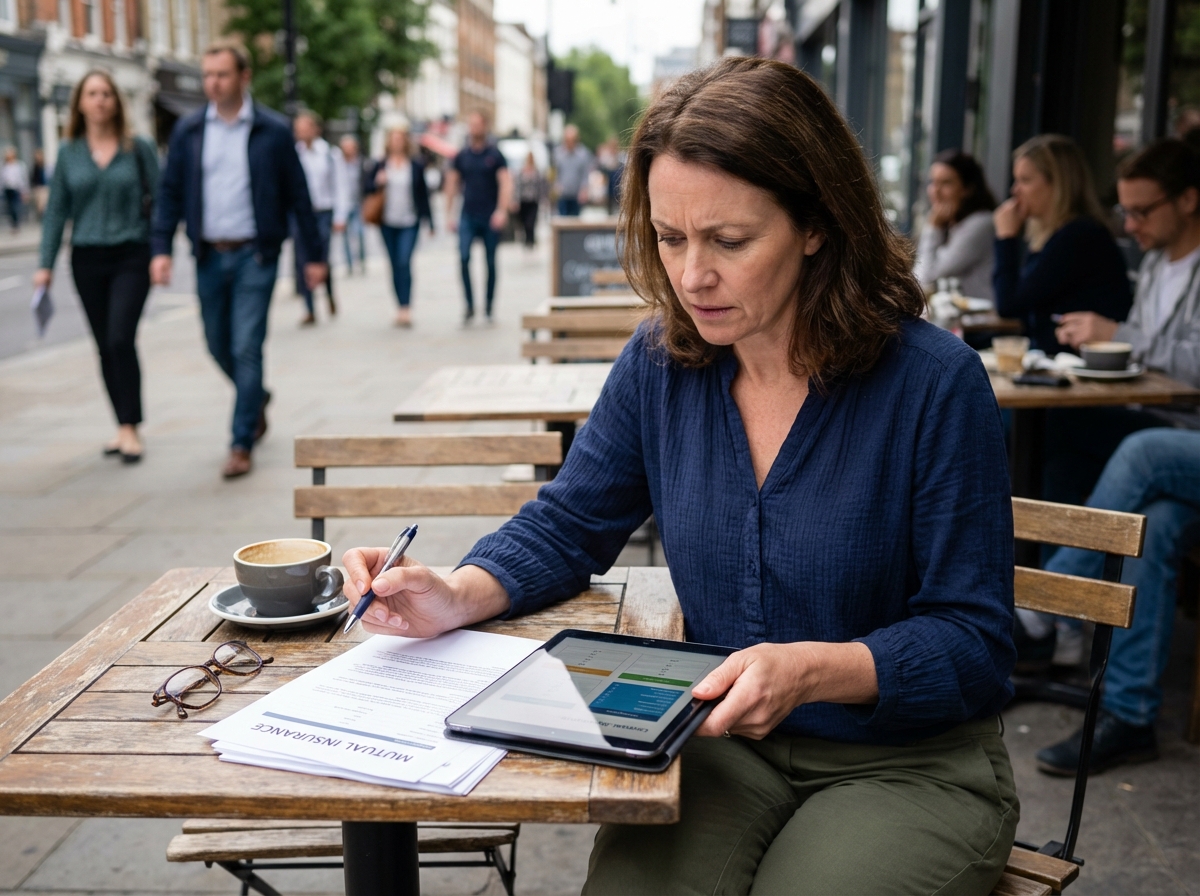 Femme freelance réfléchissant à ses assurances au café