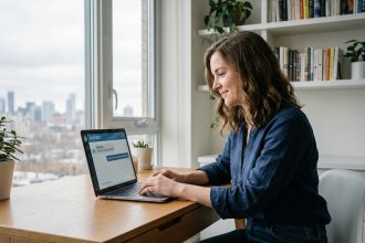 Jeune femme française travaillant sur un ordinateur dans un bureau lumineux