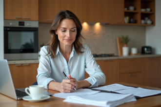 Femme d'affaires en train de revoir des documents financiers