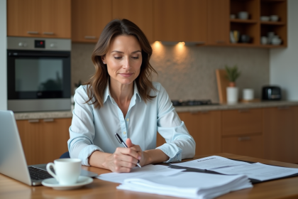 Femme d'affaires en train de revoir des documents financiers