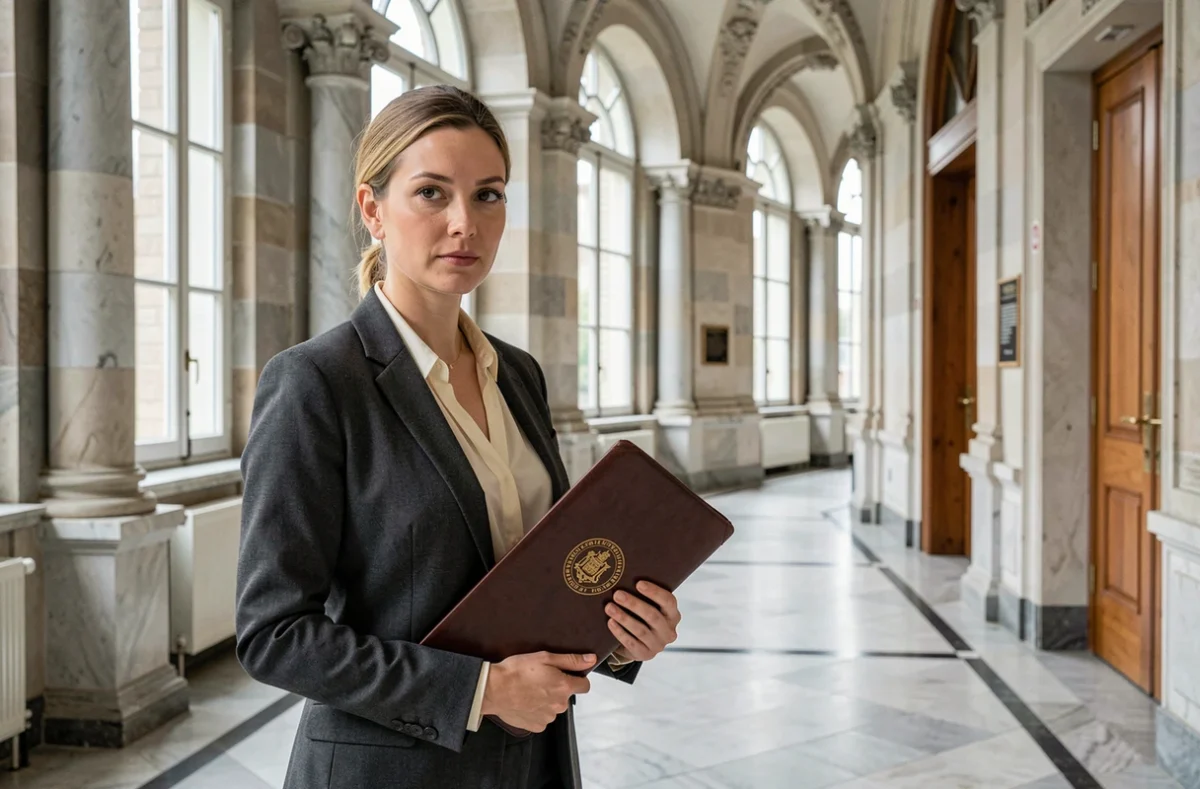 Femme huissier de justice dans un couloir de palais de justice tenant un dossier officiel