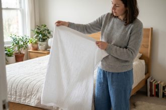 Femme examinant un protège-matelas blanc dans sa chambre