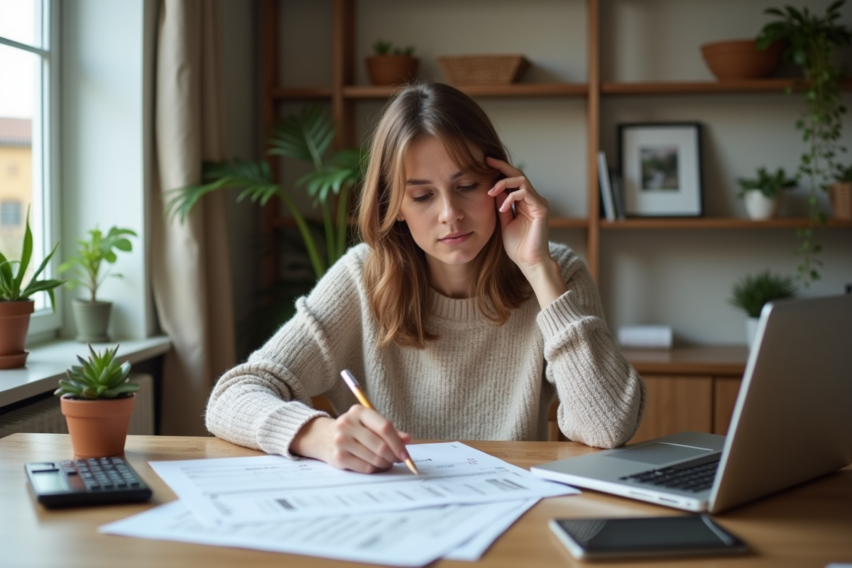 Femme moyenne âge remplissant ses formulaires d'impots