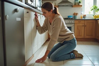 Femme inspectant un petit trou dans le mur de la cuisine