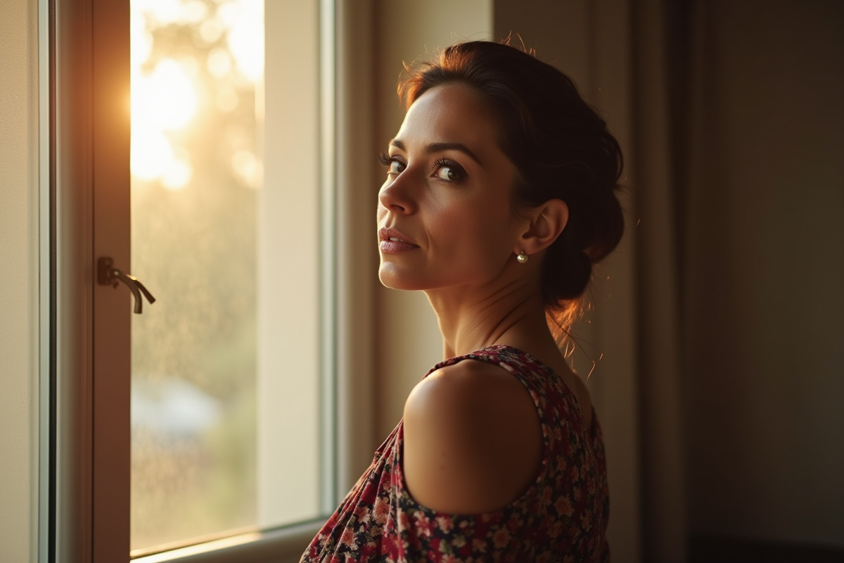 Femme latina élégante près d'une grande fenêtre en lumière naturelle