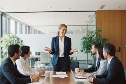 Femme en blazer menant une réunion d'équipe en entreprise