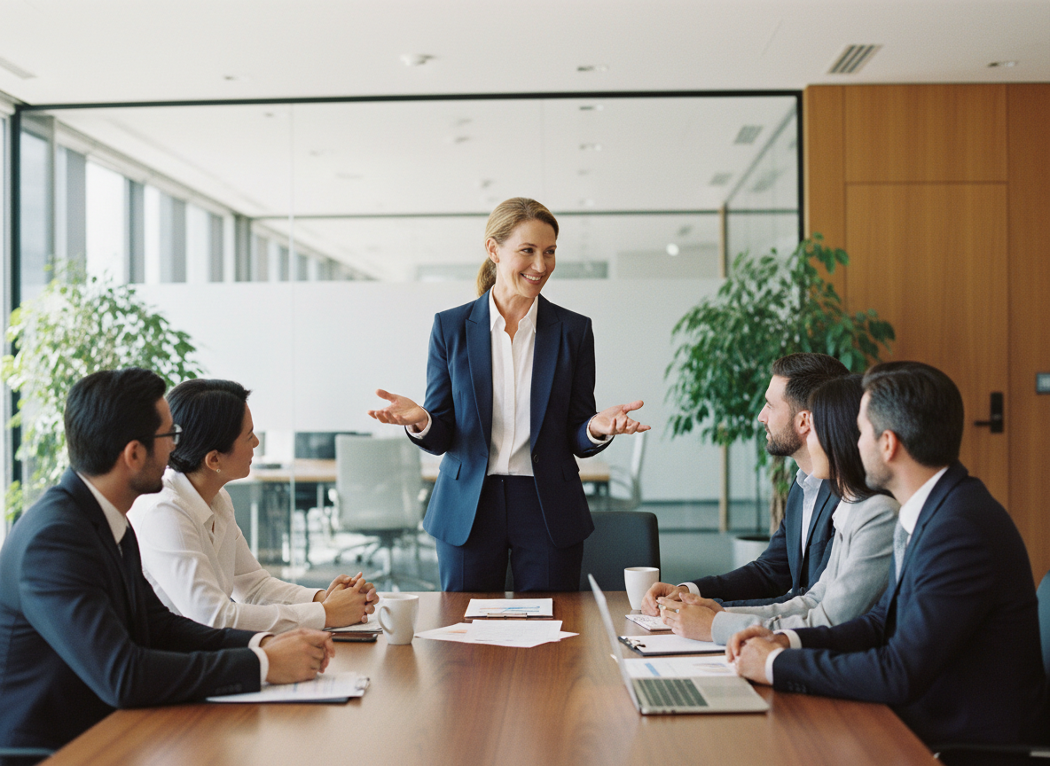 Femme en blazer menant une réunion d'équipe en entreprise