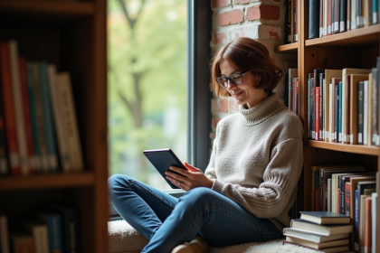 Femme d'âge moyen lisant un ebook dans une bibliothèque chaleureuse