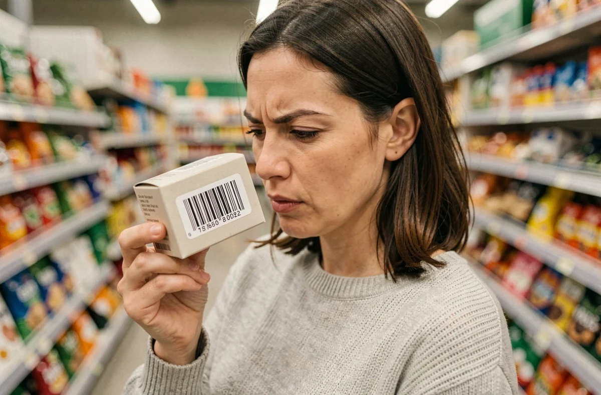 Femme lisant le code à barres d'un produit dans un supermarché pour identifier son pays d'origine