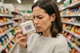 Femme lisant le code à barres d'un produit dans un supermarché pour identifier son pays d'origine