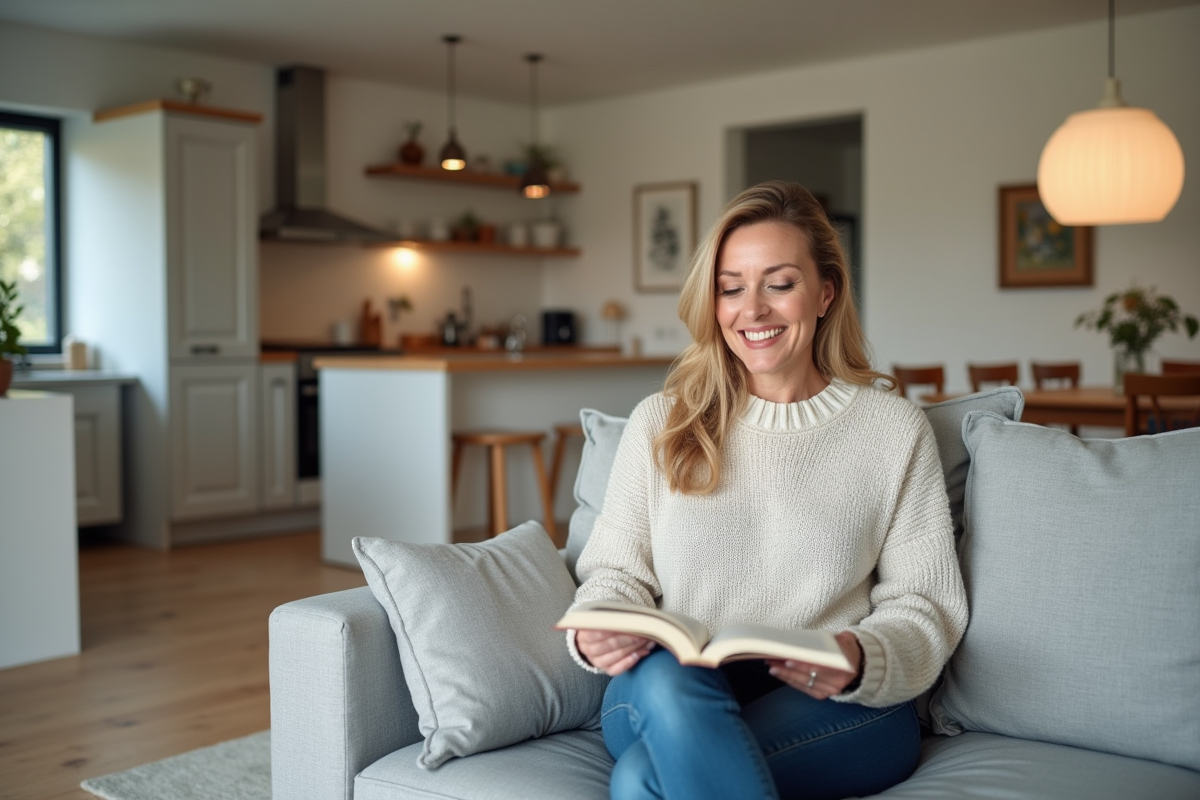 Femme lisant dans le salon d une maison T5 en France