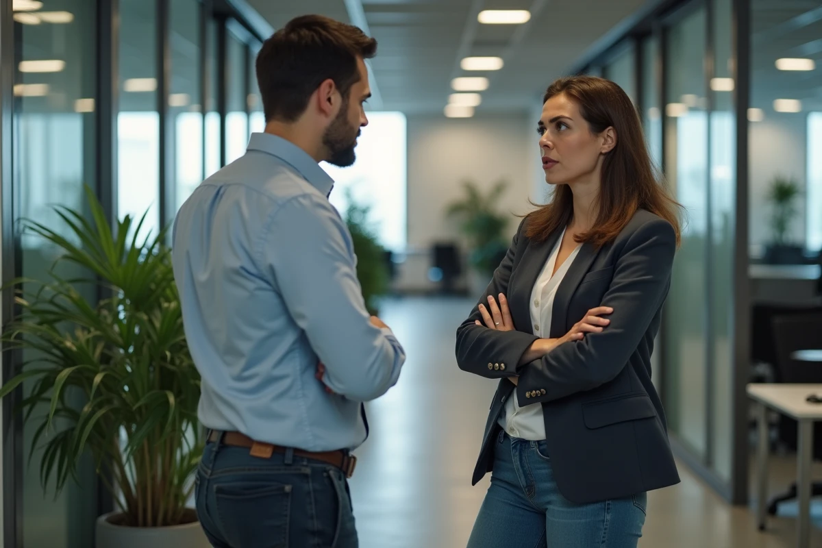 Femme mal à l'aise face à un collègue goujat envahissant son espace personnel au bureau
