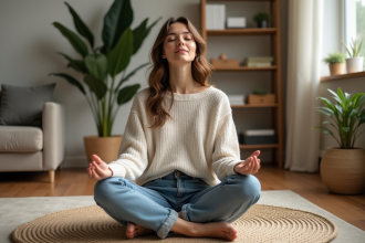 Jeune femme méditant dans un salon apaisant