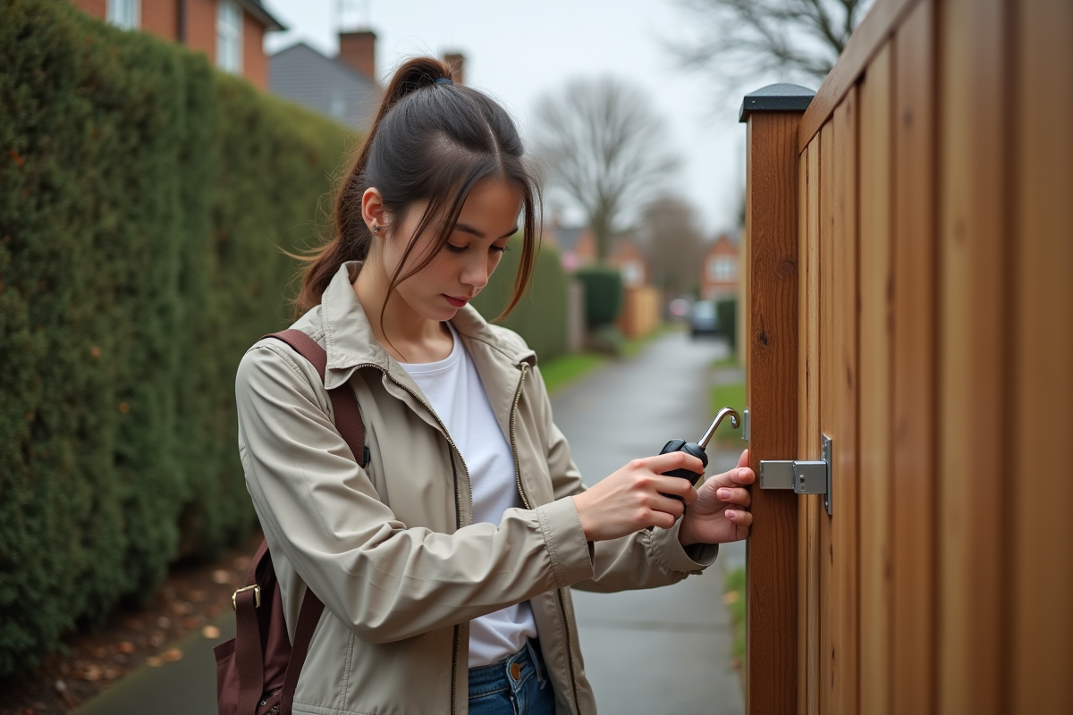 Jeune femme ouvrant une porte de clôture en extérieur