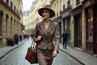 Femme élégante en tailleur houndstooth dans une rue parisienne