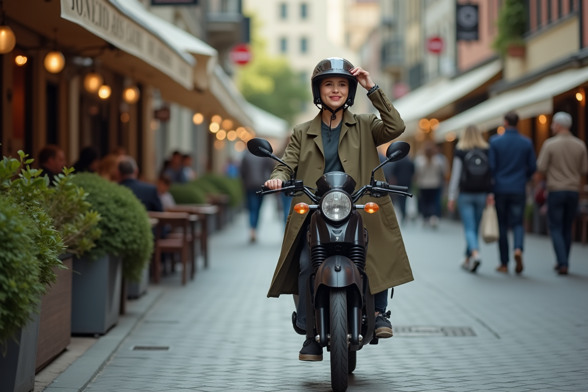 Femme professionnelle stationne son scooter devant un café