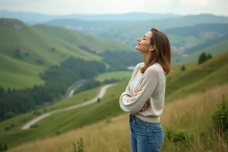 Femme d'âge moyen dans un paysage paisible de campagne