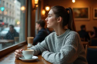 Femme pensive seule dans un café parisien, illustrant une pause dans une relation amoureuse