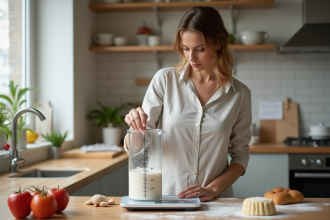 Femme en cuisine pesant de la farine avec une balance digitale