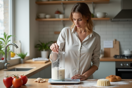 Femme en cuisine pesant de la farine avec une balance digitale