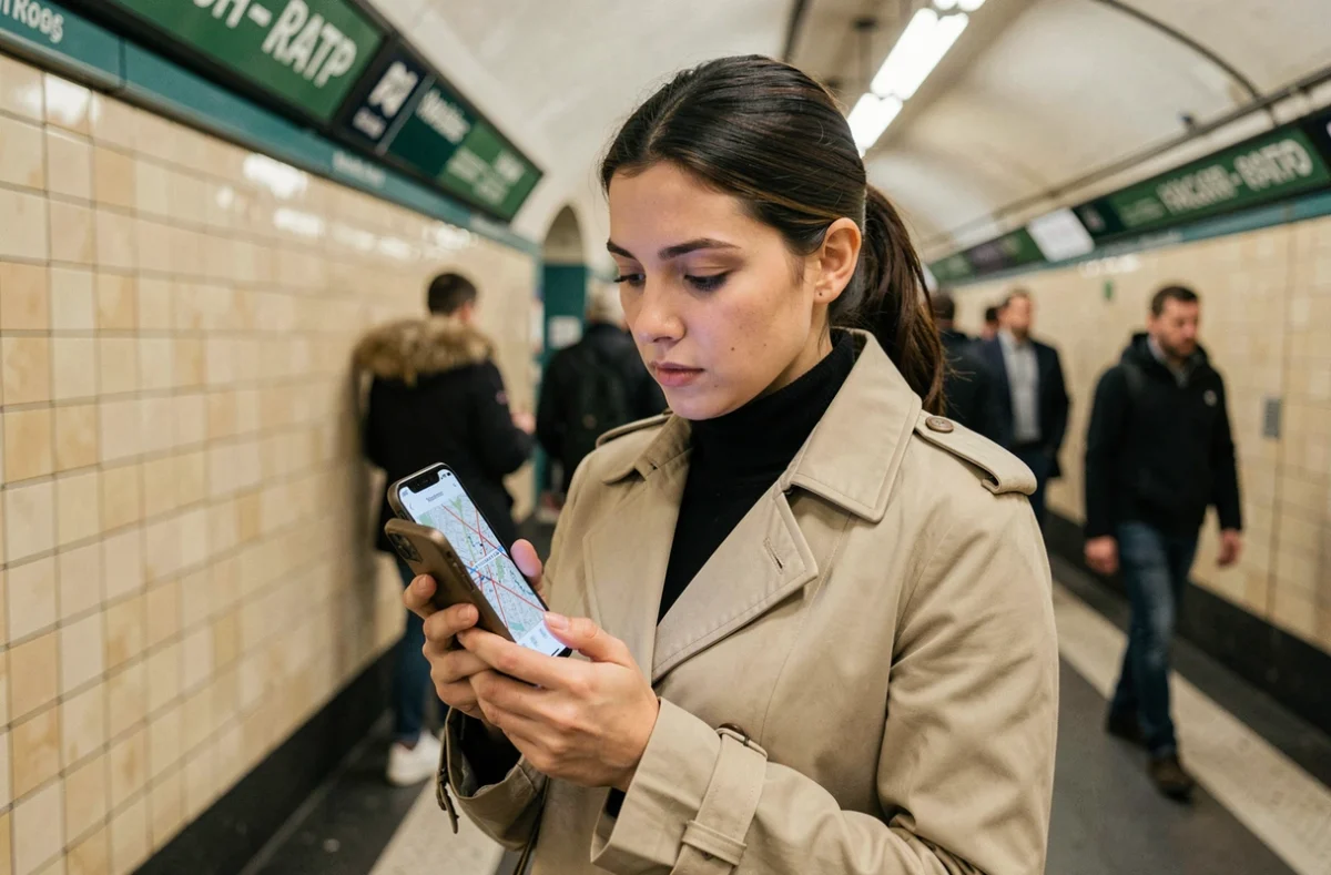Femme consultant un plan de métro Paris sur smartphone dans une station parisienne