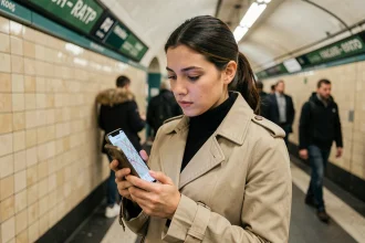 Femme consultant un plan de métro Paris sur smartphone dans une station parisienne