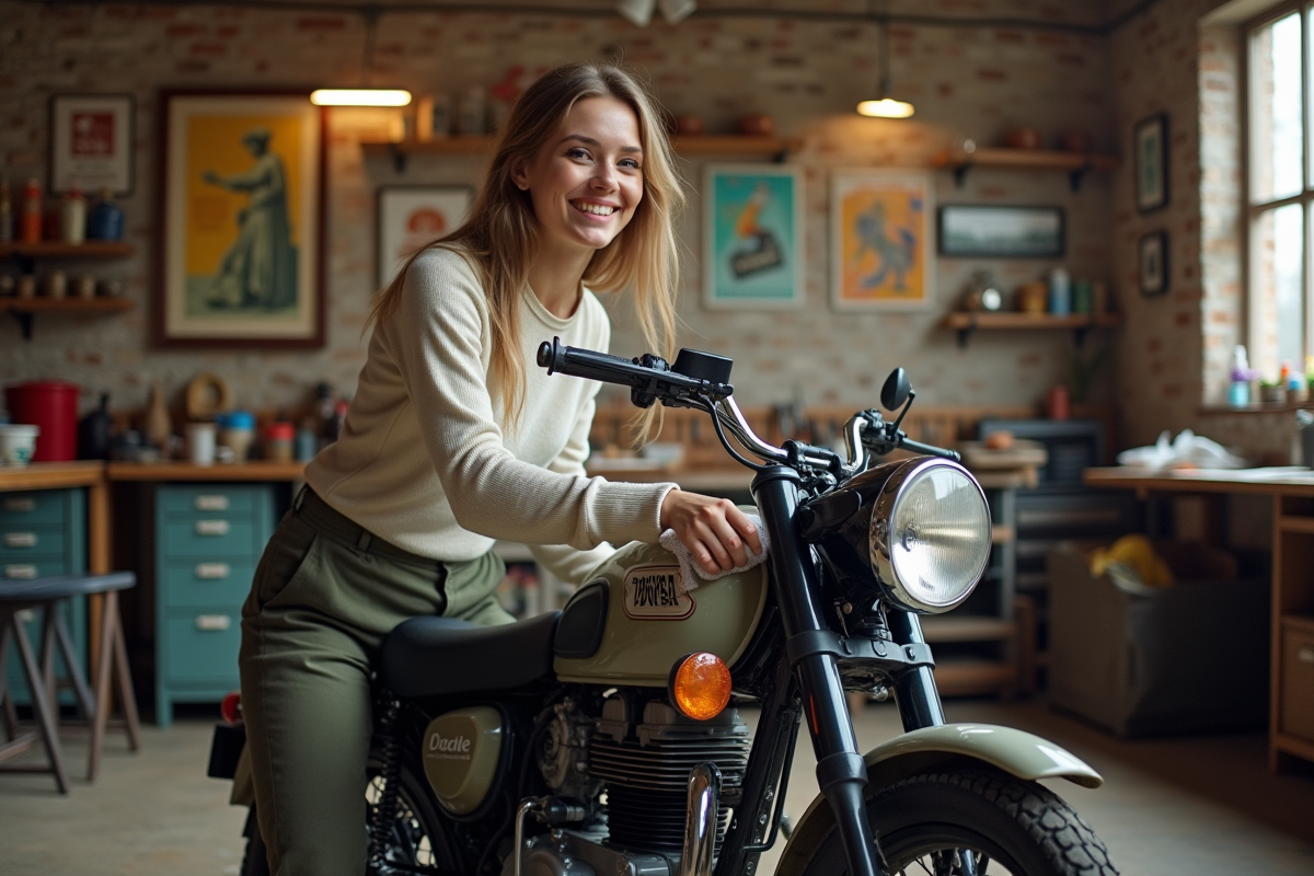 Jeune femme nettoyant une moto Chappy dans un garage vintage