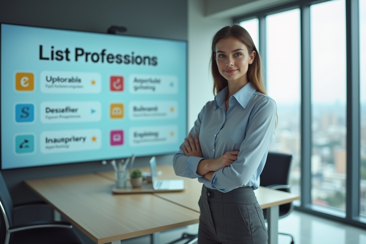 Jeune femme devant un écran affichant la liste des professions