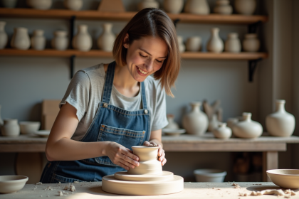 Femme en atelier de céramique façonnant de l'argile